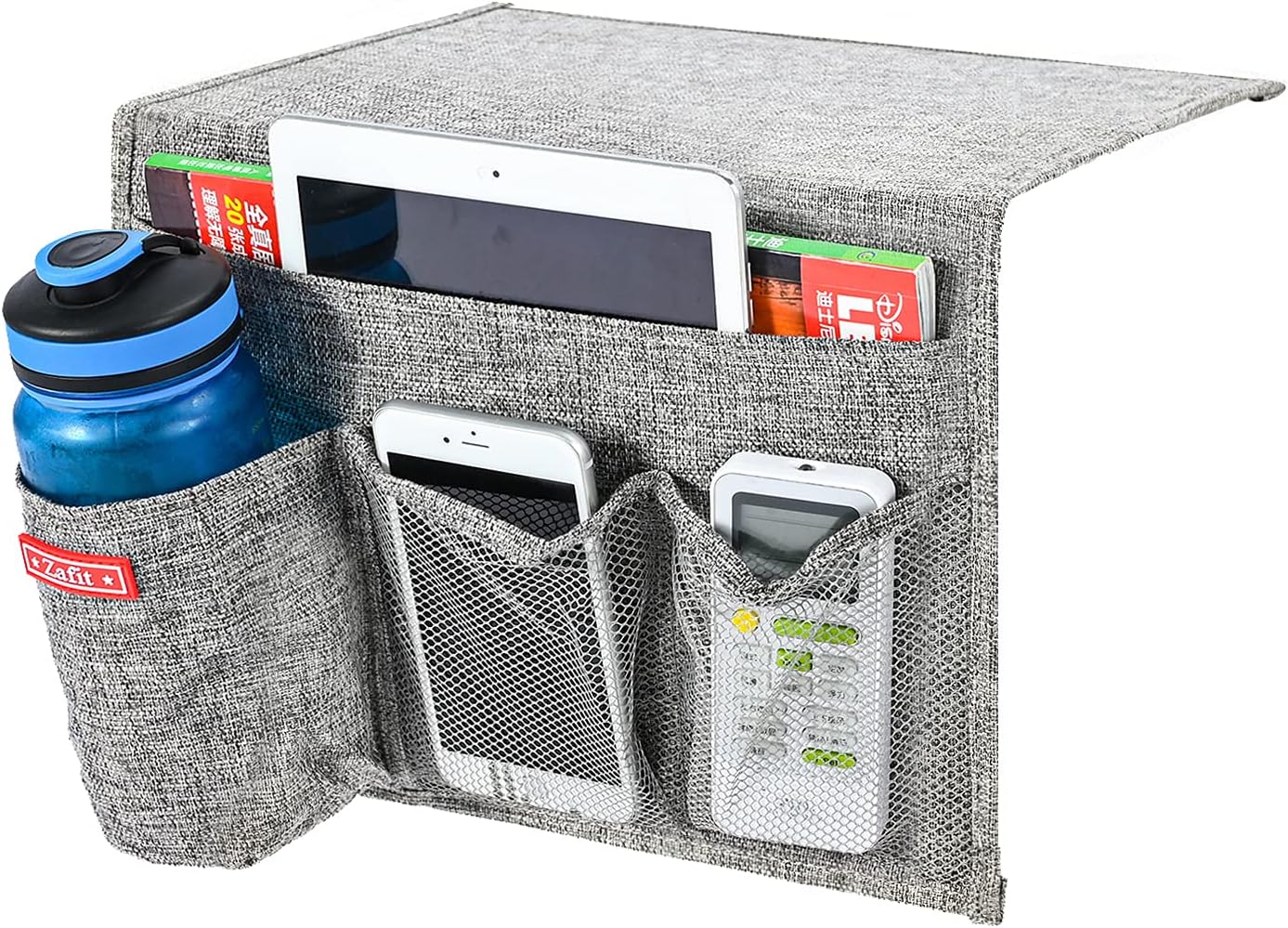Linen 4 Pockets Bedside Caddy, Bedside Storage Organizer with Water Bottle Holder for Magazine, Remotes, Phone (Grey)