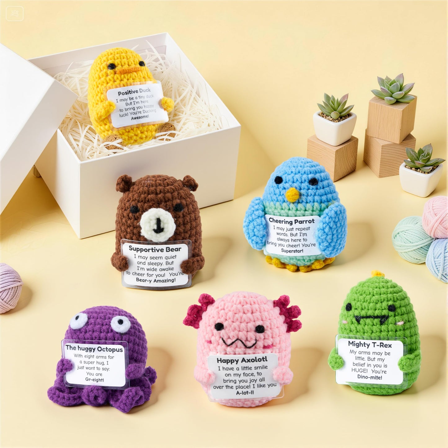 JOYIN 6 Pcs Crochet Positive Animals with Positive Messages, Emotional Support Stuffed Animal Bulk, Cute Crochet Plushies for Graduation Gift, Employee Appreciation, Anxiety Relief & Mental Health
