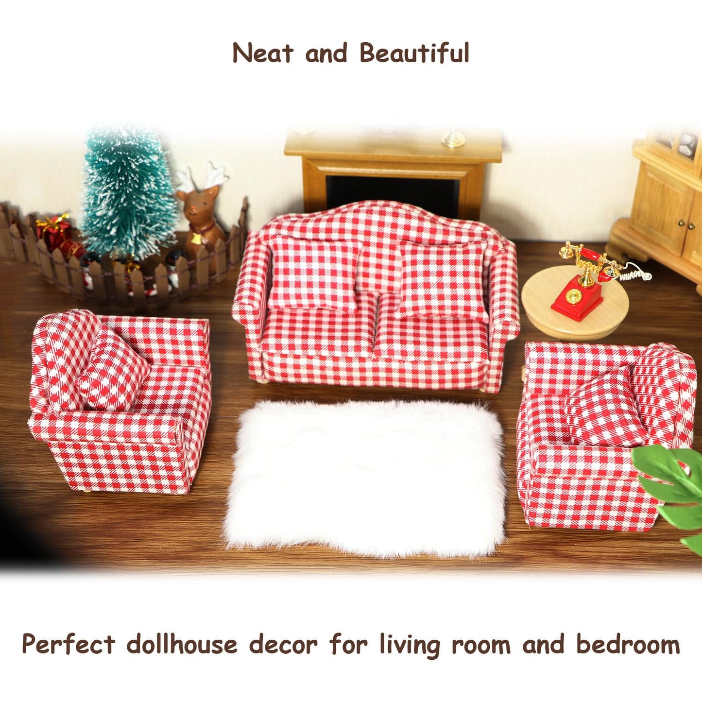 Dollhouse Couch Miniature Sofa with Pillows Dollhouse Living Room Funiture 1:12 Scale Model 3 Pcs High Simulation Upholstered Wooden Fabric Armchair Mini Room Artificial House Scene Decoration (Plaid)