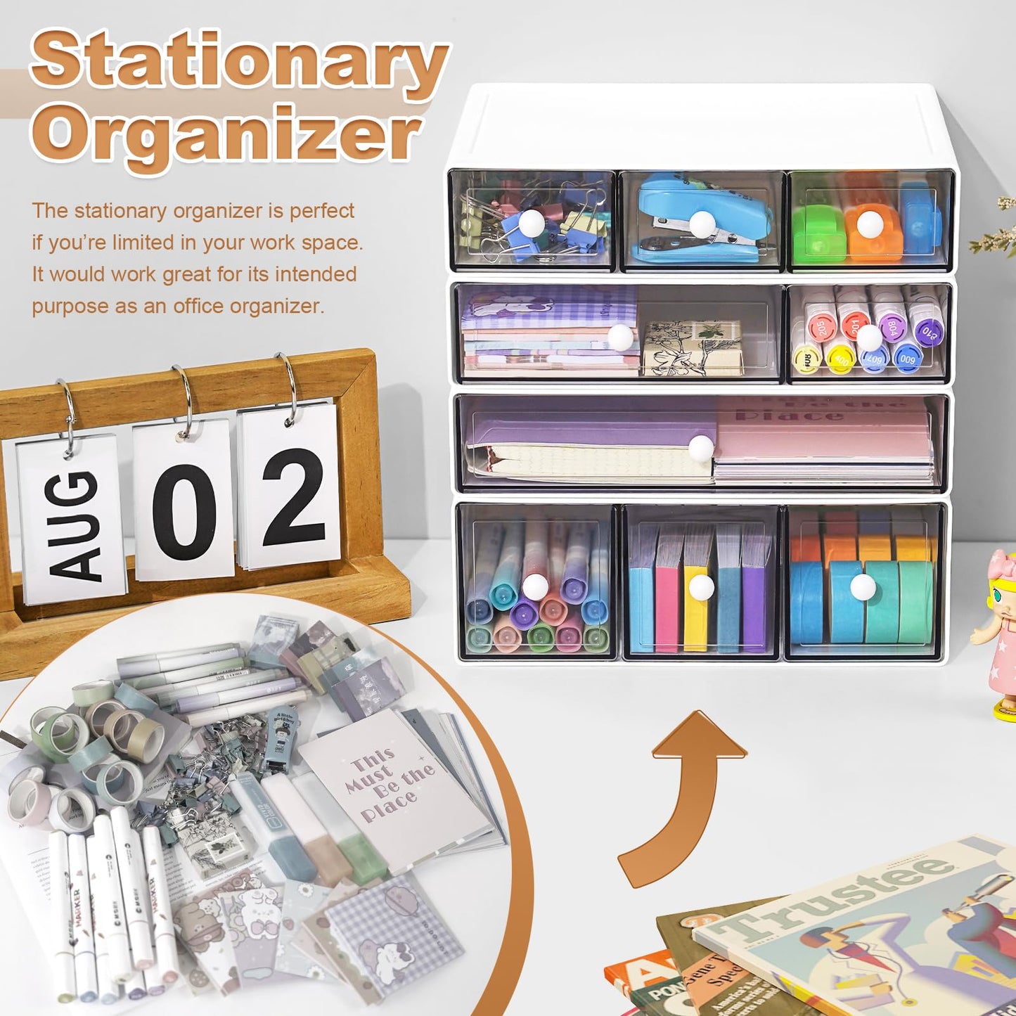 MYKASEN Desk Organizer with 9 Drawers, 4 Tier Plastic Stackable Storage Drawers for Desk Storage, Office Stationary Makeup Organizer Suit for Home, Office and School