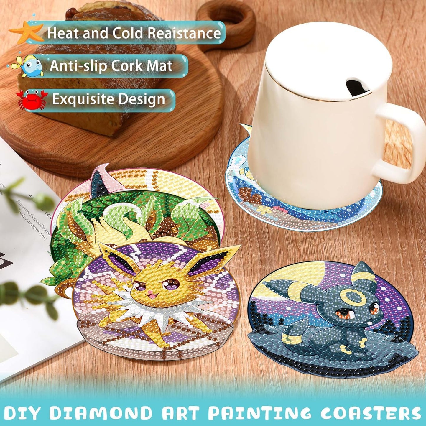 LWZAYS Diamond Painting Coasters Kits, 8 Pack Cartoon Diamond Art Coasters with Holder, Crafts Kits for DIY Coasters, Diamond Art Coasters