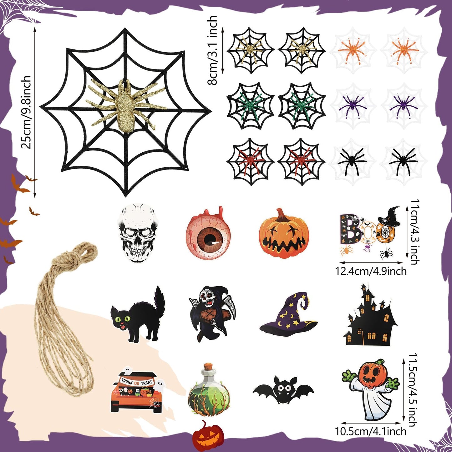 Halfchet 43 Pcs Halloween Hanging Tree Ornaments Decorations Spider Web Pumpkin Skull Bat Cat Eyeball Hanging Ornaments with Ribbon Pumpkin Toppers for Halloween Fall Party