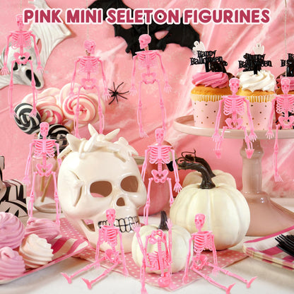 Jetec Halloween Mini Skeleton Pink Decor with Jute Rope 6 Inch Small Skeletons Plastic Skeleton Decorations for Craft Accessories Party Favors (12 Pcs)
