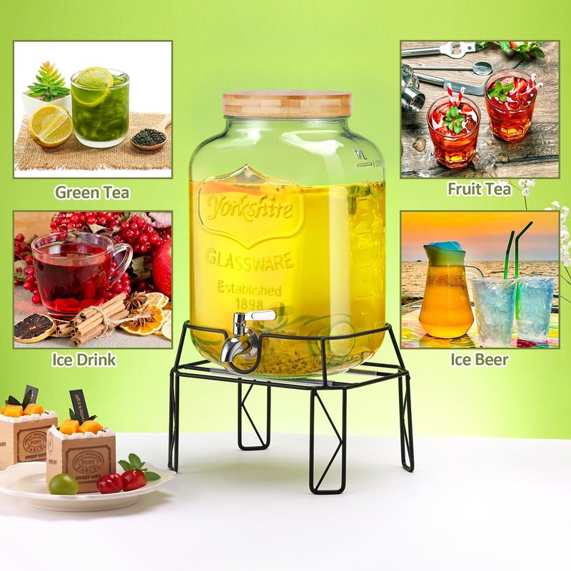 2 Gallon Drink Dispensers with Stand, Glass Beverage Dispenser with Stainless Steel Spigot and Bamboo Lid,Lemonade Dispenser,Glass Drink Dispensers for Parties, Weddings