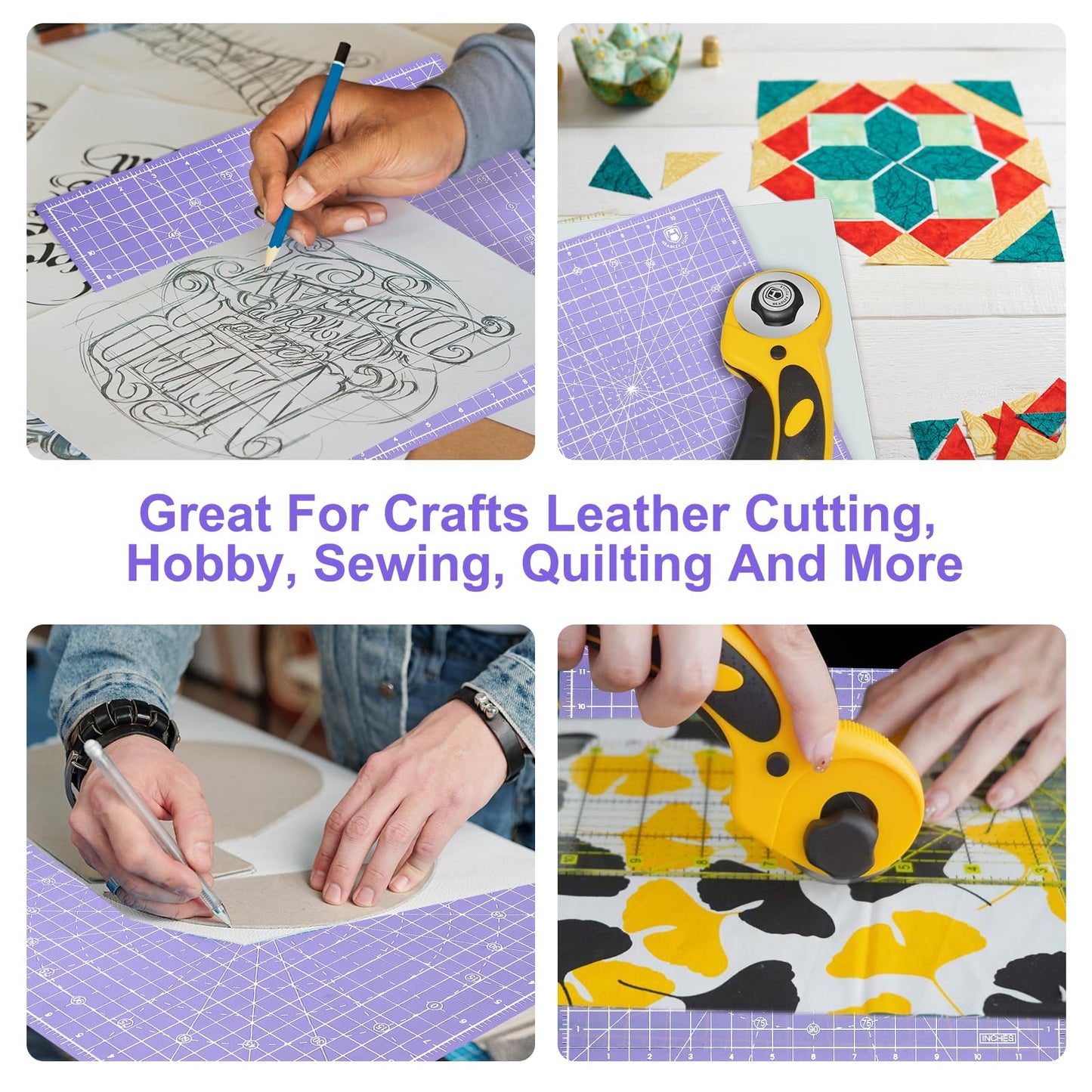 Headley Tools 12"x12" Rotating Cutting Mat, Self Healing Mat with 360-Degree Rotation & Anti-Slip Base, Sewing Board Cutting Mat Perfect for Fabric Quilting Leather Hobby Project, Purple