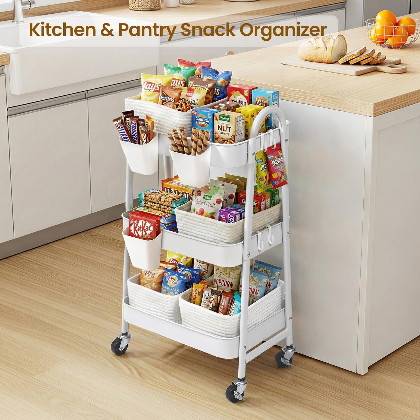 3-Tier Rolling Utility Cart with 4 Woven Baskets, Diaper Book Snack Cart, Storage Organizer for Nursery, Kitchen, Craft Room, Home SPA, Living Room, Metal Frame Trolley on Lockable Wheels, White