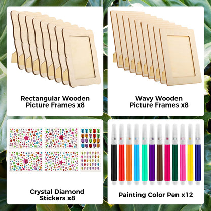 WSICSE 16 Pack Wooden Picture Frames for Crafts, 4" x 6" DIY Picture Frame Craft with 12Pcs Painting Color Pen 6 Sheets Crystal Diamond Stickers Christmas Crafts Gifts for Adults and Kids