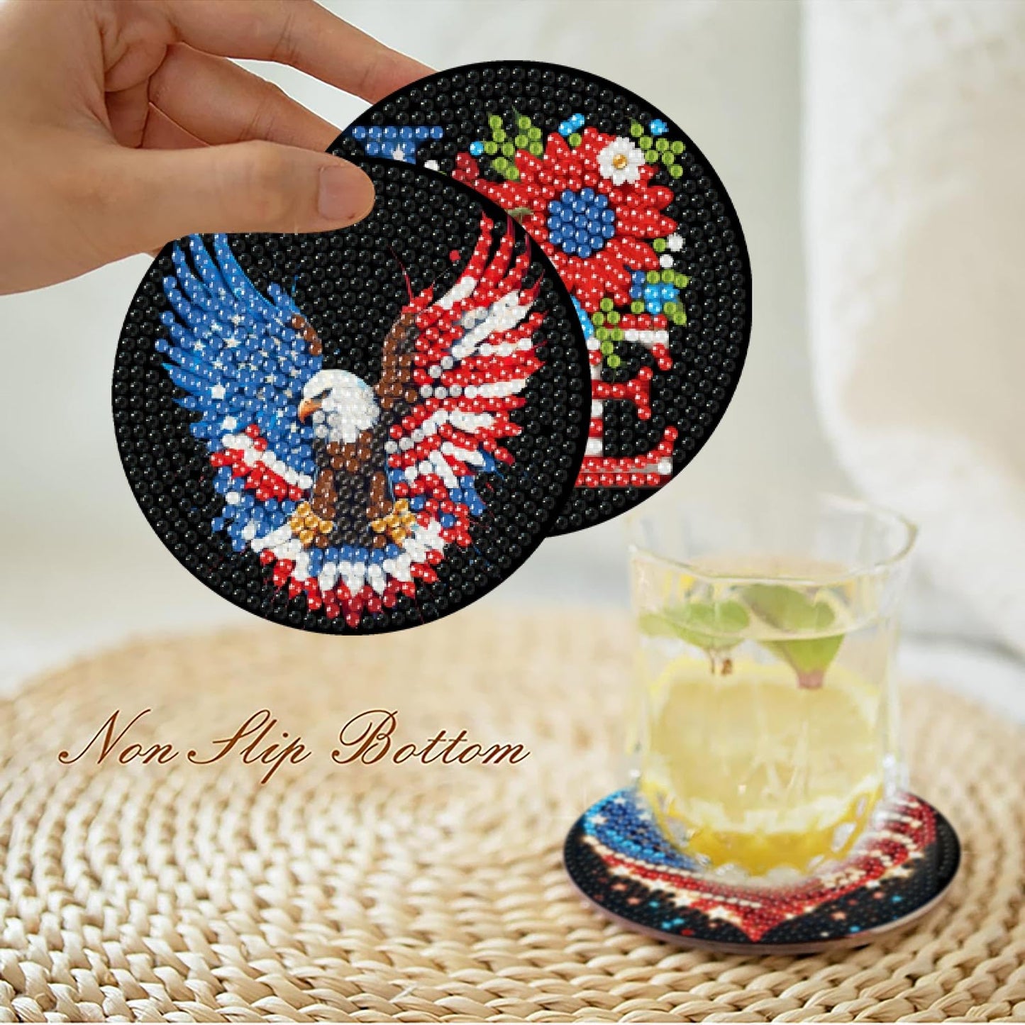 8 Pcs Ameriacn Flag Eagle Diamond Art Coasters Kits for Adults,DIY 4th of July Crystal Diamond Painting Coaster Kits with Holder, Independence Day Coasters Craft Supplies for Decor Gifts