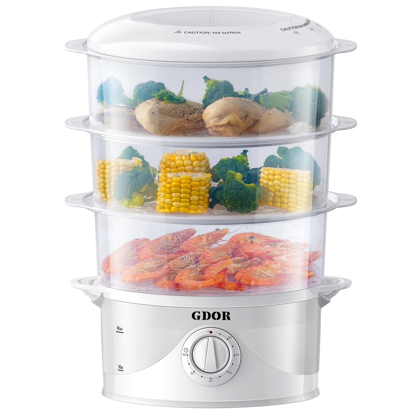 GDOR 3 Tier Electric Food Steamer for Cooking, 800W Vegetable Steamer for Fast Simultaneous Cooking, Dishwasher Safe, Boil Dry Protection, 60-Minute Timer, BPA-Free, 9.6 QT, White