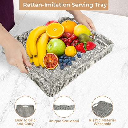 Rectangle Wicker Scalloped Tray, Hand Woven Synthetic Rattan Serving Tray with Handles, Coffee Table Decorative Tray