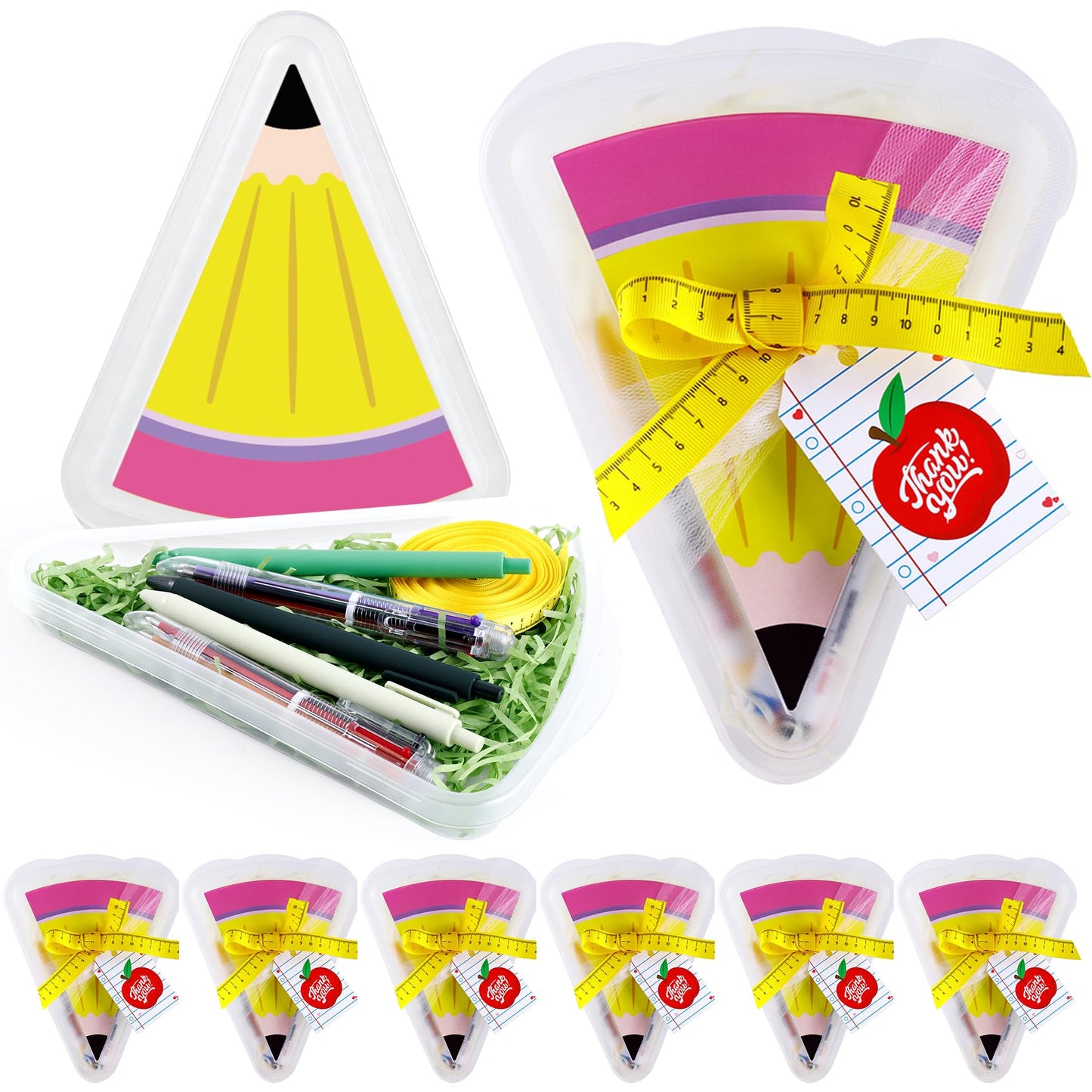 6 Set 9.05*7.28 in Large Teacher Appreciation Gifts Box with Apple Cards Ruler Ribbon Mesh, Back to School Reusable Pizza Storage Containers, Pencil Shaped Gift Box for Wrapping Teacher Appreciation