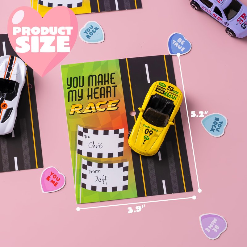 JOYIN 35 Valentines Day Die-Cast Racing Cars Gift Cards for Kids with Valentine’s School Classroom Exchange Greeting Cards, Vehicle Party Favor Toy Supplies