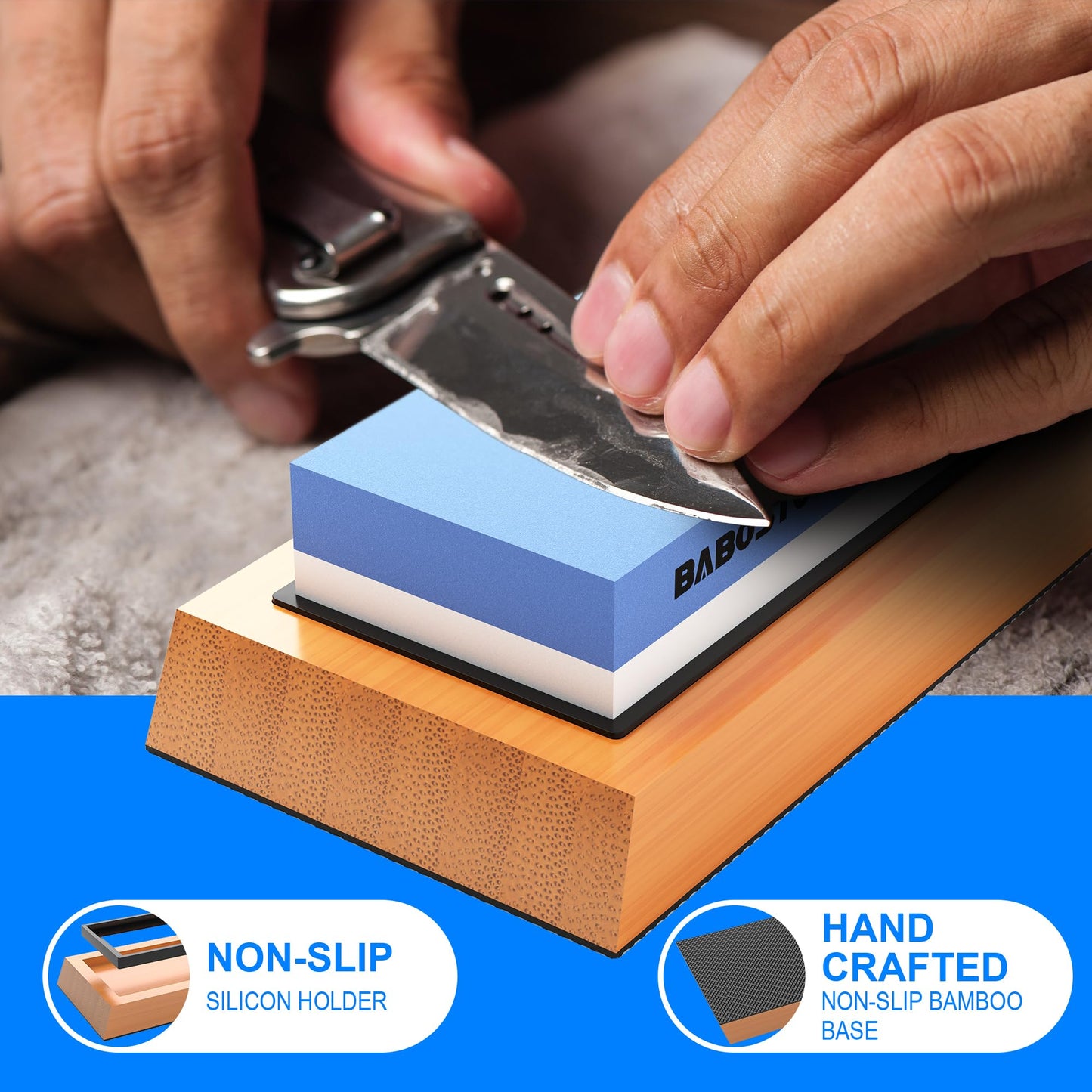BABOSTOW Premium Whetstone Knife Sharpening Stone 2 Side Grit 1000/6000 Waterstone- Whetstone Knife Sharpener & Honing Stones - NonSlip Bamboo Base & Angle Guide