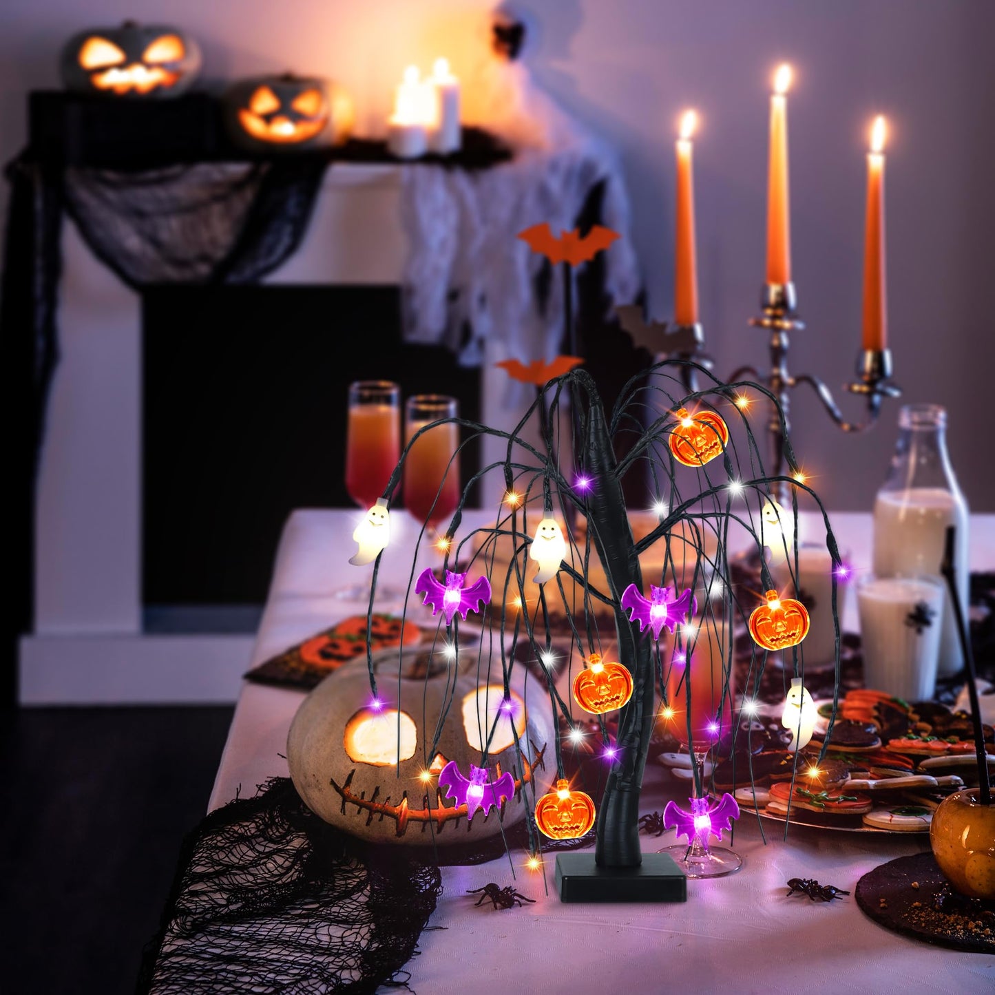 Halloween Table Decorations 18 Inch 36 LED Halloween Willow Tree with Pumpkin Bat Ghost Lights, Timer/USB/Battery Operated Black Halloween Tree Spooky Halloween Decorations Indoor Home Party Room Gift
