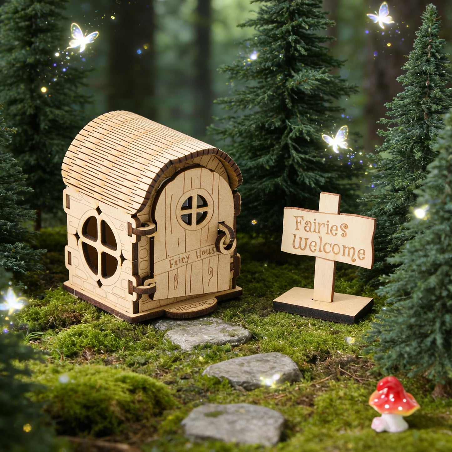 Mamimami Home Tiny Fairy House with Doorplate, DIY Mini Wooden Garden Plant Treehouse, Magical Fairy Doors Handmade Christmas Decorations Gifts