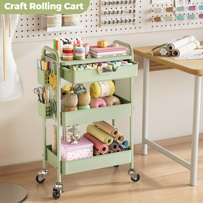 Rolling cart with Drawers - 3 Tier Metal Multifunctional Storage Organizors on Wheels with Tabletop, Hooks & Basket, Sturdy Craft & Art Cart for Bathroom, Bedroom, Children Room, Green