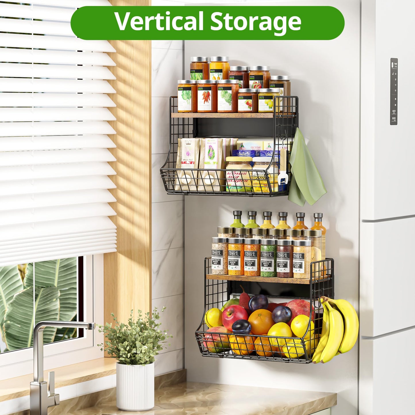 HIPLIYS Magnetic Shelf for Fridge with Wood Lid, Fruit Potato and Onion Storage Bins, Pantry Organizers and Storage, Strong Magnetic Spice Rack for Refrigerator, Kitchen Counter and Laundry Room