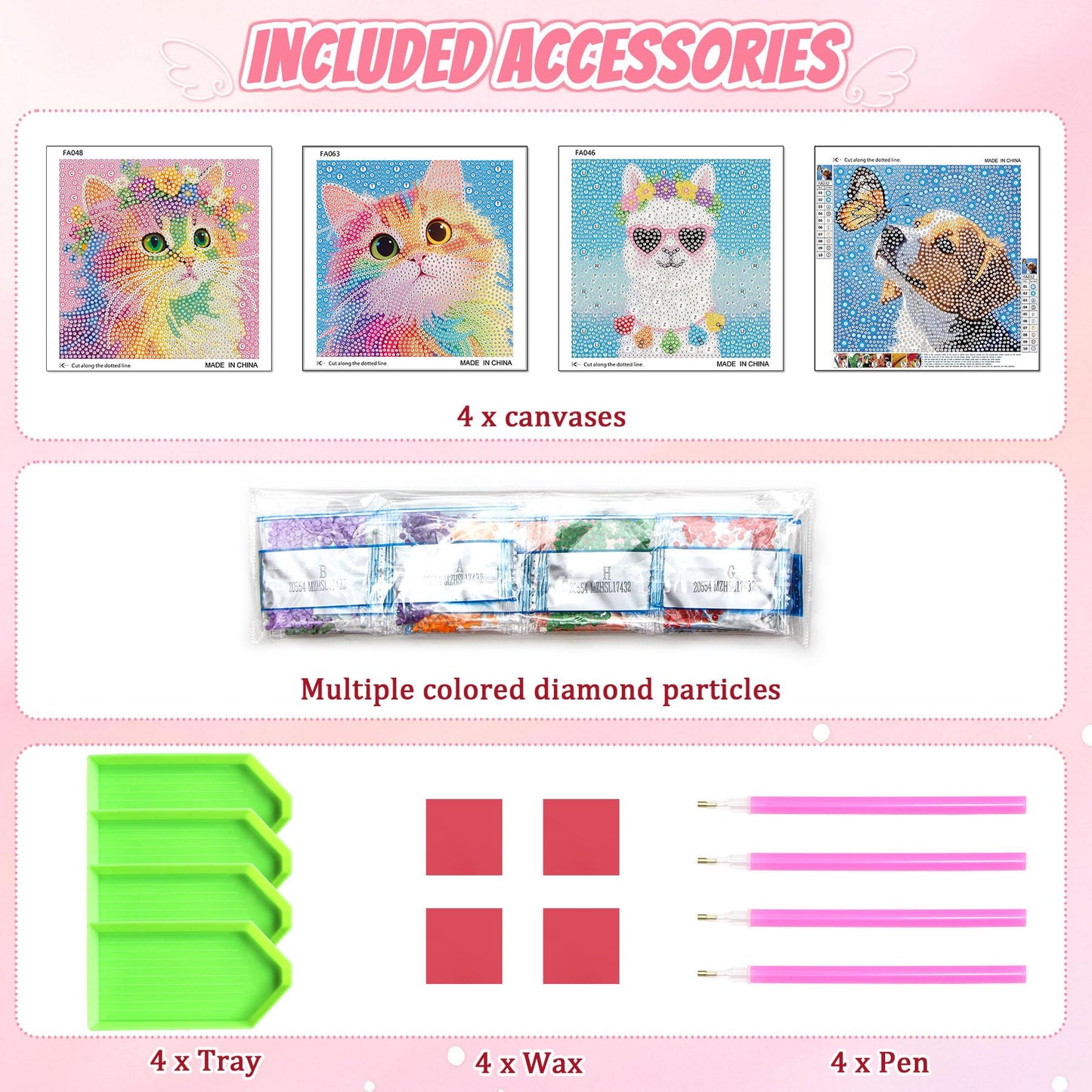 Leixonl 4 Packs 5D Diamond Art Kits for Kids Ages 6-8-9-12,Arts and Crafts Set for Home Wall Decor.Gem Art by Number Kits Arts and Crafts Kits(5.9x5.9inch) (4-pack-15-cat Dog cat Alpaca)