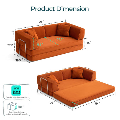 LINSY HOME Sofa Bed Couch - Convertible Boneless Couch Bed with 2 Pillow (Orange)