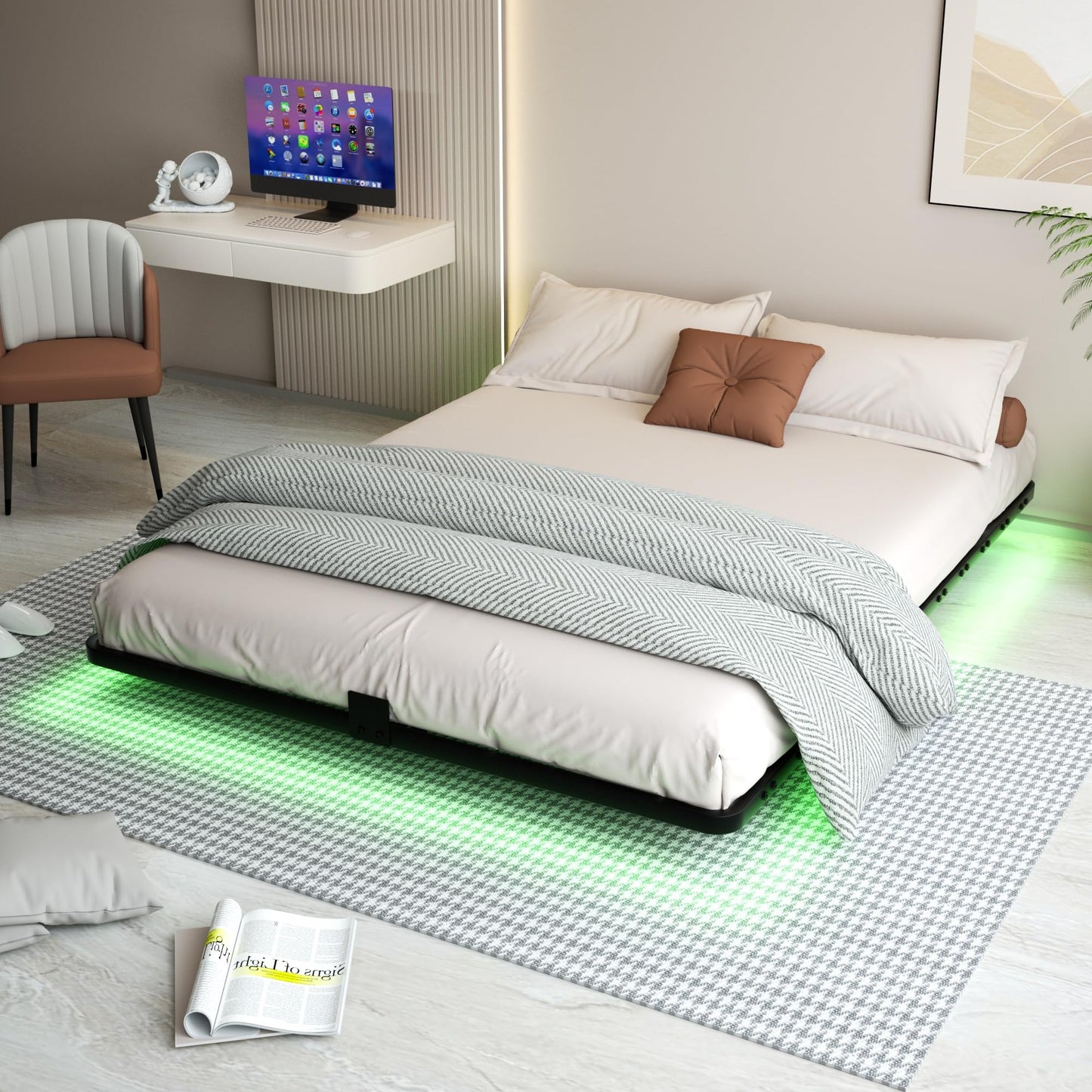FSJianYi Queen Floating Bed Frame with LED Lights - Modern Metal Platform Bed Frame - Noise Free No Box Spring Needed and Easy Assembly,60W x 80L in