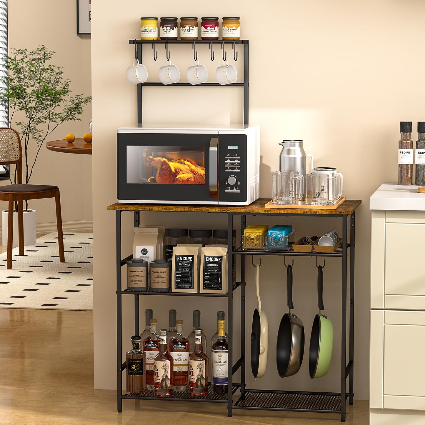 Baker's Rack for Kitchen with Storage, Microwave Stand with Adjustable Shelves and 10 S Hooks, 6-Tier Coffee Bar Station, Kitchen Shelves for Spices, Pots, Rustic Brown