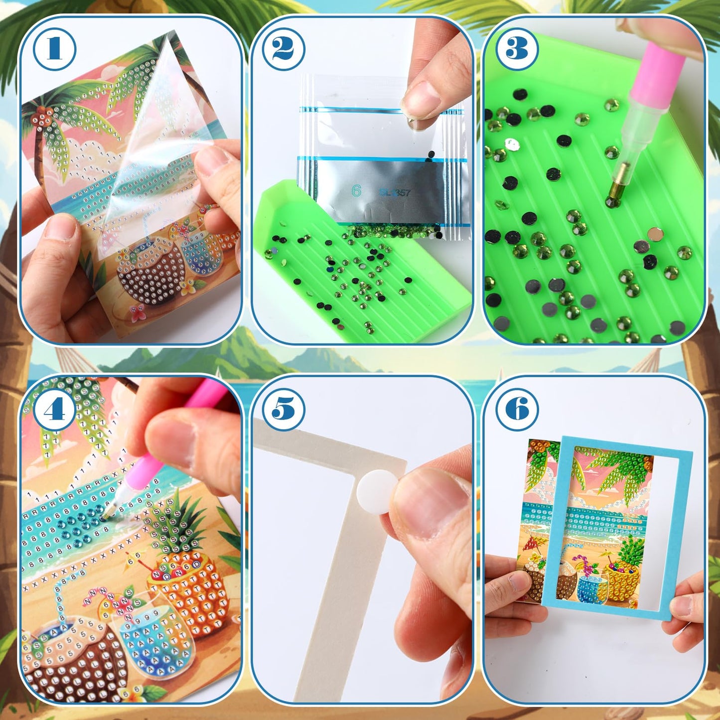 ForraFun 24 Pcs Small Summer Beach Diamond Art Kit with Frame - 5.12x3.94 Inch Mini Diamond Painting Kits for Adults & Beginners DIY, 5d Rhinestone Paint Art for Home Wall Decor, Relaxation Craft