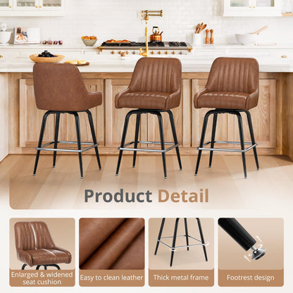 LUE BONA Counter Height Bar Stools Set of 3, 26" H Modern Barstools with Backs, Metal Frames and Brown Faux Leather Upholstered Accent Bar Stools for Kitchen Island
