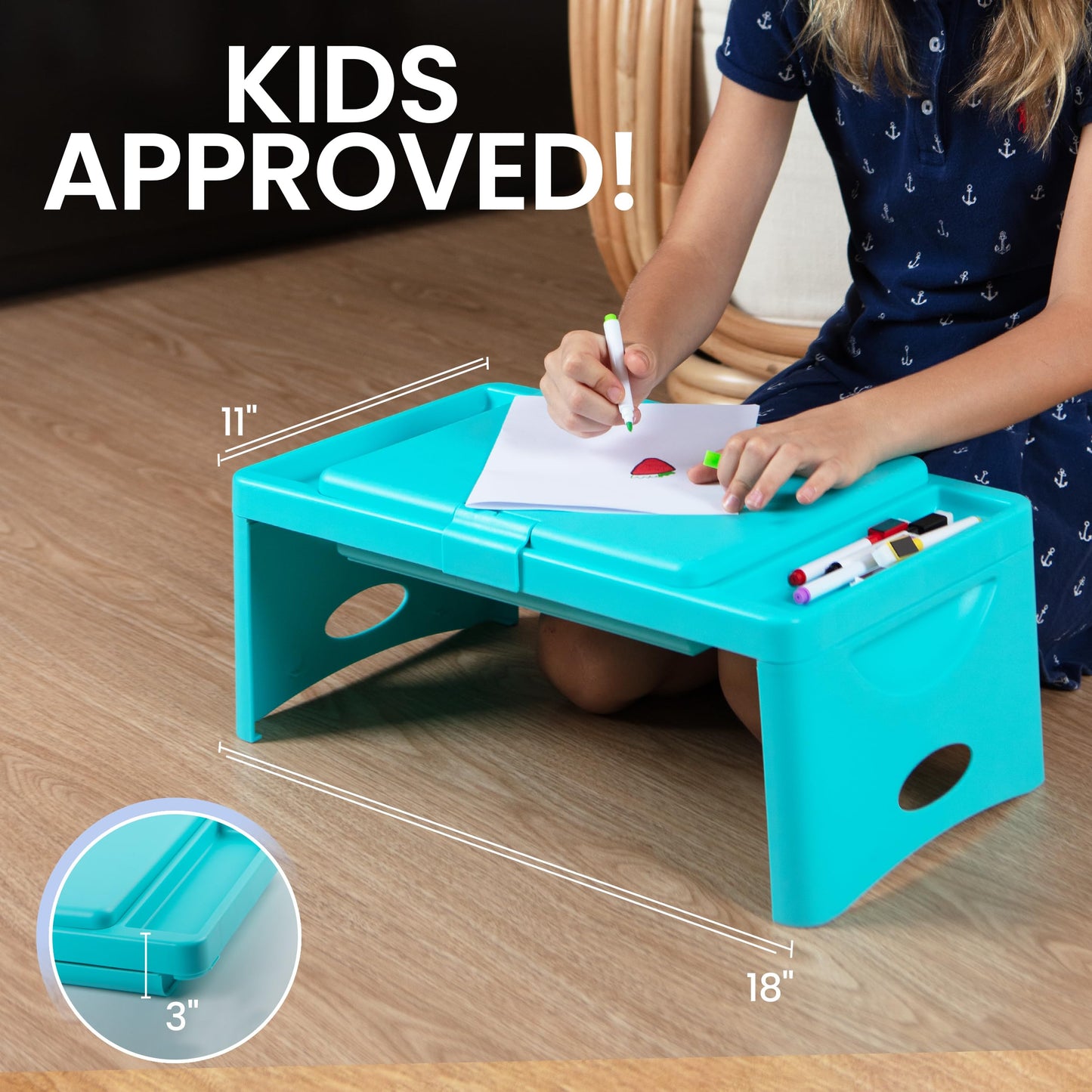 Loddie Doddie Foldable Lap Desk - Teal Blue, 9.75 x 12 in - Portable Desk & Lap Table with Storage Pocket - Table for Bed & Laptop Bed Tray - Car Seat Tray for Kids Travel
