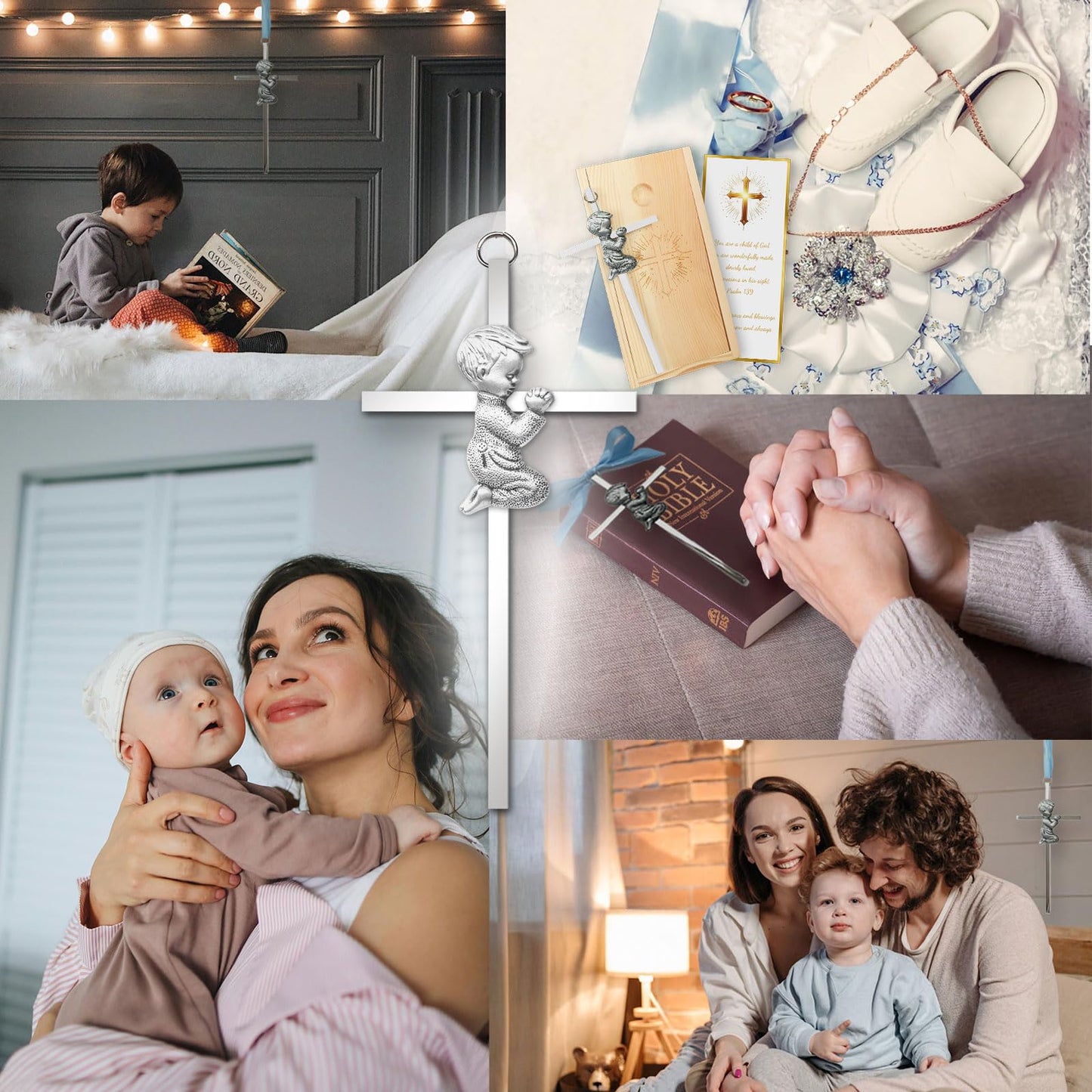 Baptism Gifts for Boys & Girls,First Communion Gifts for Kids,Christening Baby Shower Party 6in Praying Cross (1pc Silver Boy with Wooden Box)