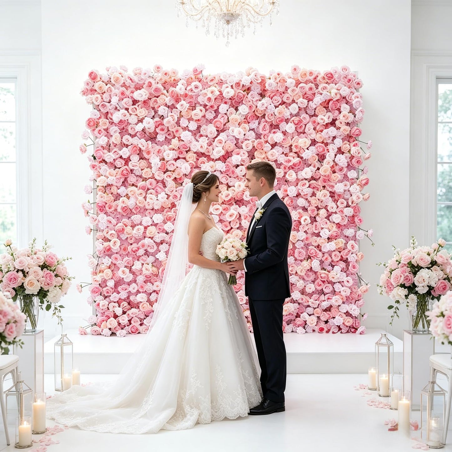 5D Pink Realistic Rose wall Backdrop, 8×8ft,Artificial Flower wall Panel. Easy to Install and Store, Reusable. Perfect for Weddings, Birthday Parties, and Home Decoration. Without Stand