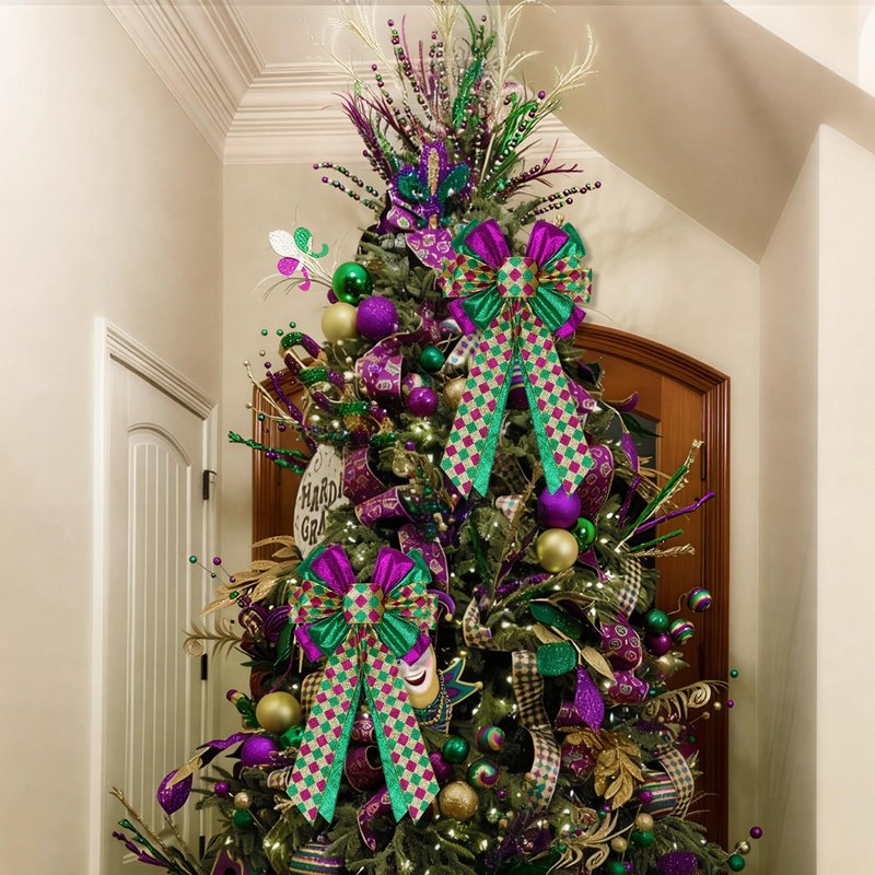 2 Pcs Mardi Gras Bows for Wreaths Decorations,12”x20” Large Glitter Tree Topper Bow Decor for Holiday Party Wall Home Front Door Float Golf Cart Gold Green Purple