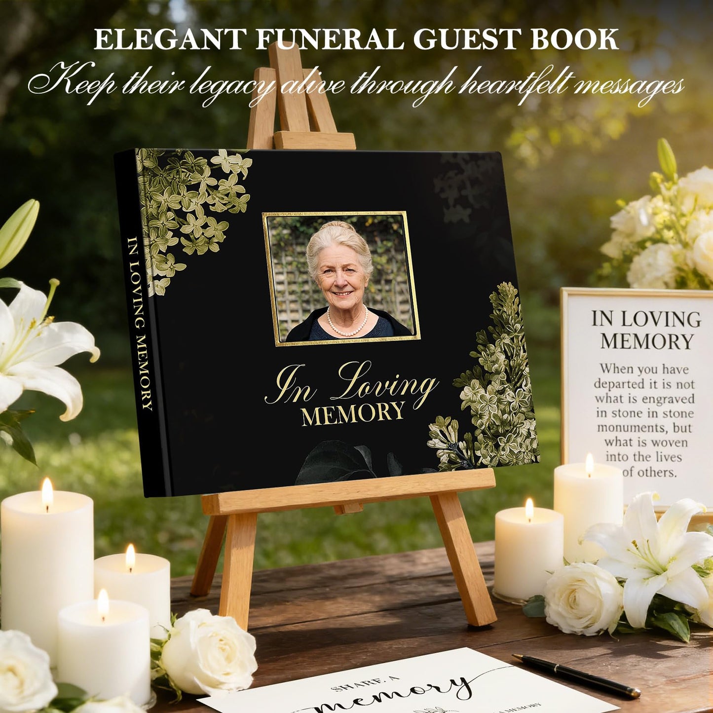 Lanpn Funeral Guest Book for Memorial Service, 100 Pages Celebration of Life Sign in Books for Guests, Funeral Favors Registry Book with Memory Table Sign, Black, Leather Cover