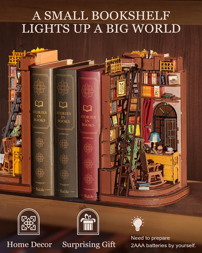 Rolife DIY Book Nook Kit Silent Corner Study, 3D Puzzles Creative British Bookend Bookshelf Decor for Adults, Tiny House Miniature Kits Model Building Kits, DIY Crafts/Gifts for Teens & Book Lovers