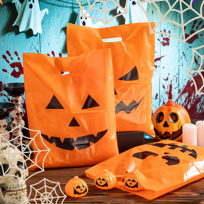 AmazingSpark 48 Pack Large Halloween Pumpkin Plastic Gift Bags with Handles 12 x 16'' Plastic Party Favor and Candy Treat or Trick Pouches for Halloween Party Supplies Gift Wrapping