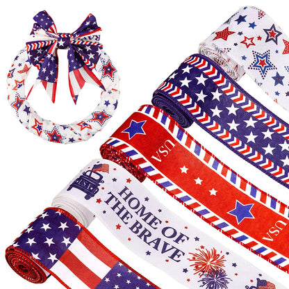 Whaline 5 Rolls Patriotic Ribbon 4th of July Stars and Stripes Burlap Wired Edge Ribbon 25 Yards American Flag Craft Ribbons for Independence Day 250th Anniversary DIY Wreath Bow Gift Wrapping