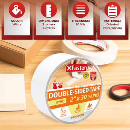 XFasten Double Sided Tape, White, Removable and Residue-Free, 2-Inch x 30 Yards, Surface Safe Two-Sided Sticky Adhesive Tape for Wall, Floor, Clothes, Rug, Fabric, Crafts and Scrapbooking
