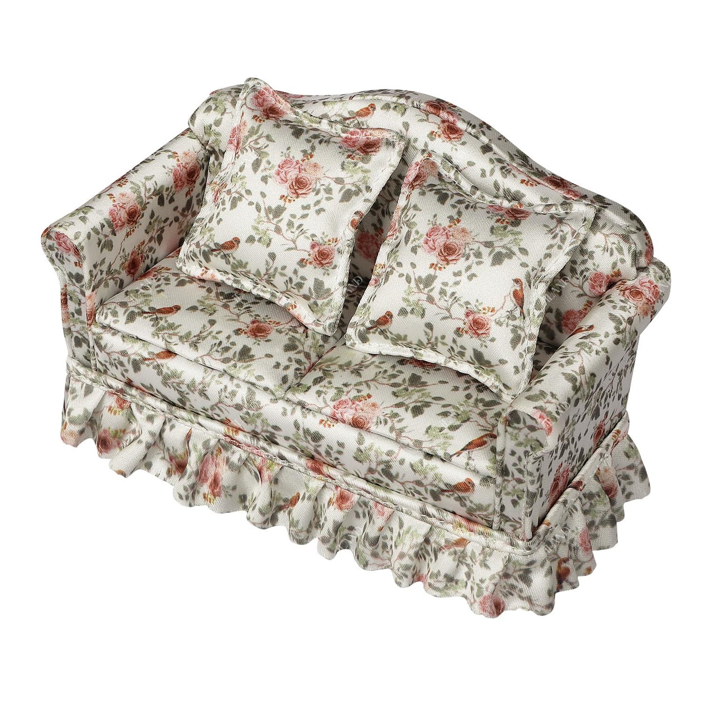 iLAND Dollhouse Furniture of Miniature Couch with Coffee Table the Beautiful Doll House Furniture Set fit 1/12 scale accessories, Elegant Rose and Birds Customized Fabric and Amazing Pleated Handiwork