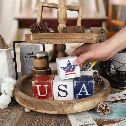 COCHIE 4th of July Decorations Wooden Stars, Patriotic Memorial Day Star Tiered Tray Decor Set of 4, Fourth of July Red White Blue Decoration for Home Office Table Shelf
