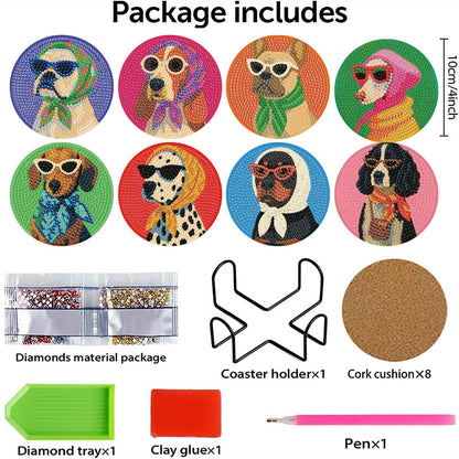 8 Pcs Dog Diamond Painting Coasters Kits with Holder,Dog Wearing Glasses Diamond Art Coasters with Wooden Pad,DIY Round Drill Rhinestone Painting Art Kit Craft for Adults Supplies Gift 4X4 Inch.