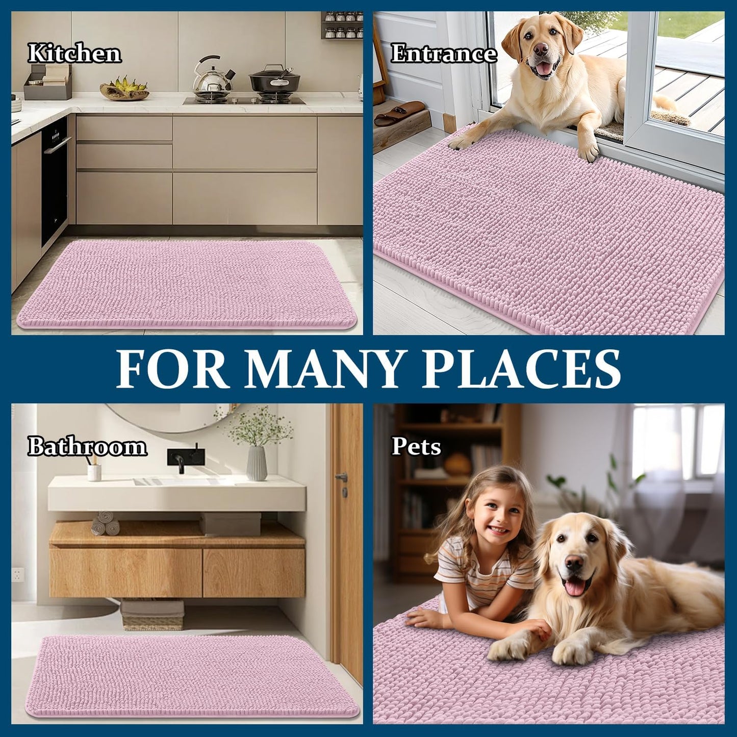 OLANLY Dog Door Mat - Absorbent Non-Slip Washable Chenille Mat for Muddy Paws | 47x17, Dusty Rose