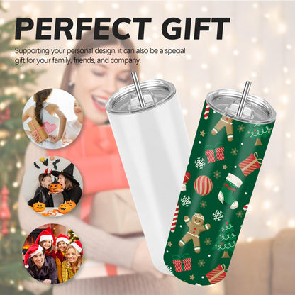 D·S 12 Pack Sublimation Tumblers 20 oz Bulk Skinny Straight Flat Bottom Blank Tumbler Cups with Individual Gift Boxed for Heat Transfer DIY Craft