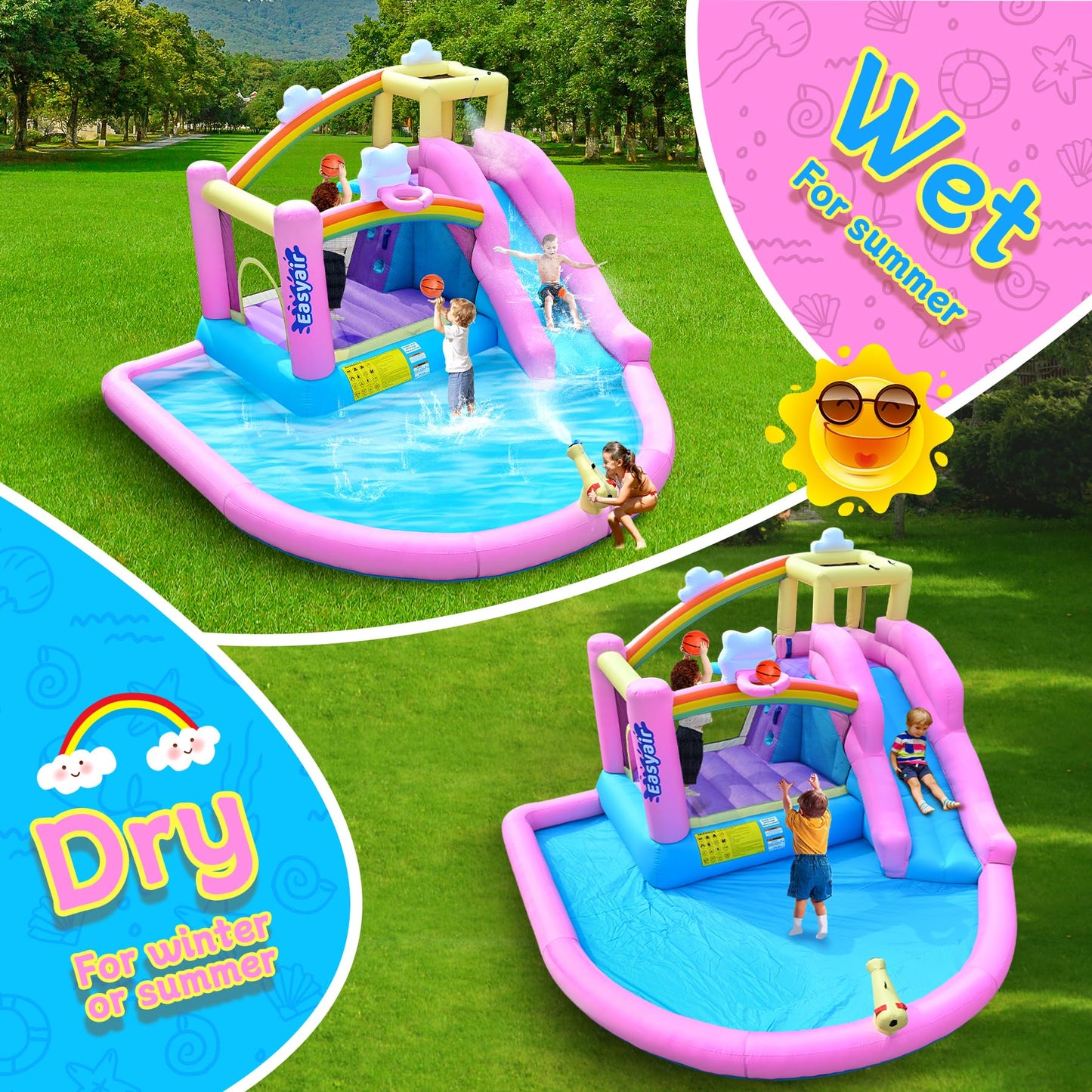 Easyair Inflatable Bounce House Water Slide Combo, Blow Up Water Slides for Backyard, Kids Jumper with Climbing Wall, Basketball Hoop, Splash Pool with Blower