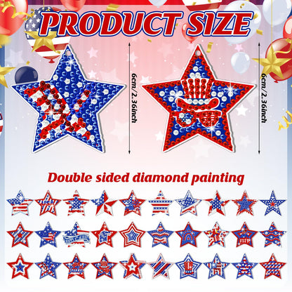 WILLBOND 30 Pcs 4th of July Diamond Art Keychain Kits for Adults Patriotic Diamond Painting Key Ring Double Sided American Flag Red White Blue Star Hanging Ornaments for Independence Day DIY Decor