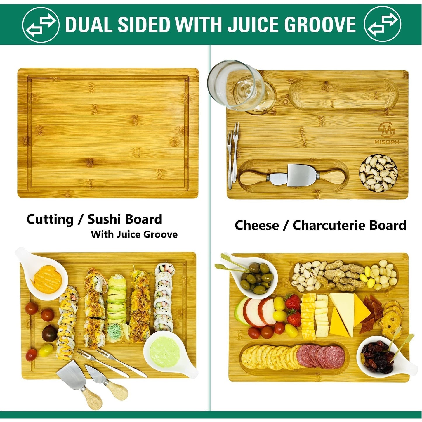 PandPal Bamboo Cheese Board with Knife, Bowl, Fork Set, Wood Charcuterie Platter & Food Serving Tray for Wine Glasses, Misoph Collection
