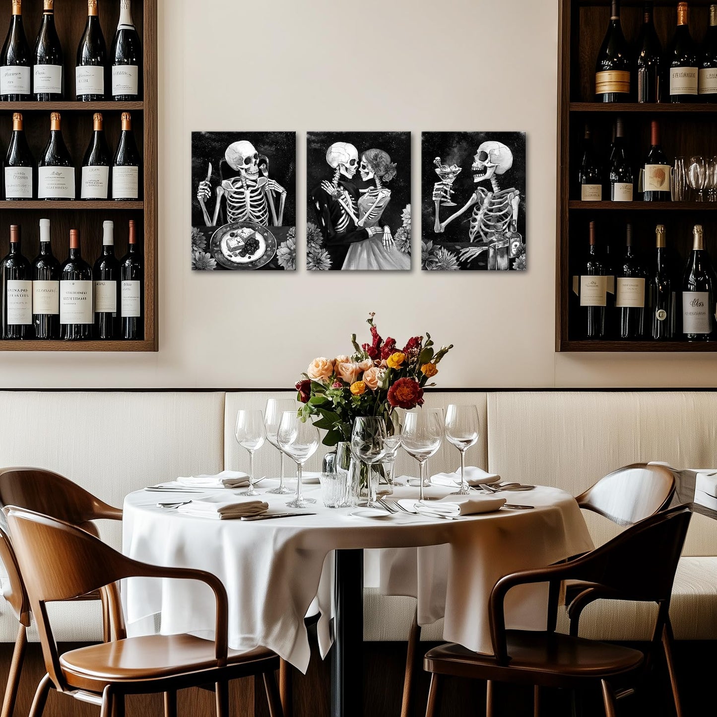 FuShvre Skeleton Kitchen Decor Black and White Skeleton Canvas Art Pictures Gothic Dining Room Decor Framed 12x16 inch (Black)