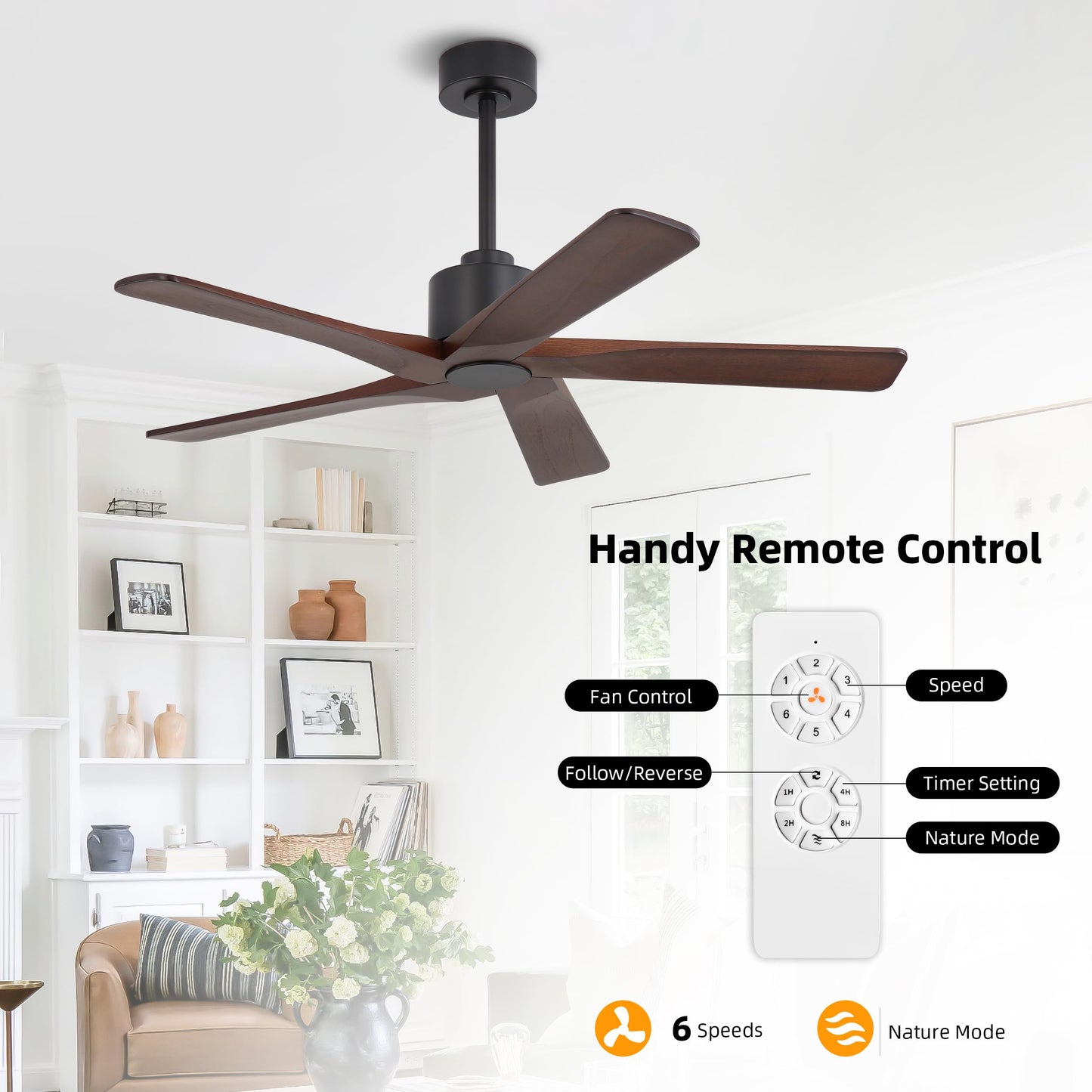 WINGBO 48" DC Ceiling Fan No Light - 5 Carved Solid Wood Blades, 6-Speed Reversible DC Motor, Ceiling Fan without Lights for Living Room Bedroom Kitchen Patio, Indoor and Outdoor, Black and Walnut