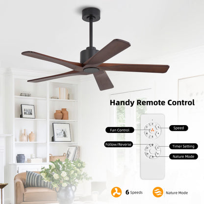 WINGBO 48" DC Ceiling Fan No Light - 5 Carved Solid Wood Blades, 6-Speed Reversible DC Motor, Ceiling Fan without Lights for Living Room Bedroom Kitchen Patio, Indoor and Outdoor, Black and Walnut