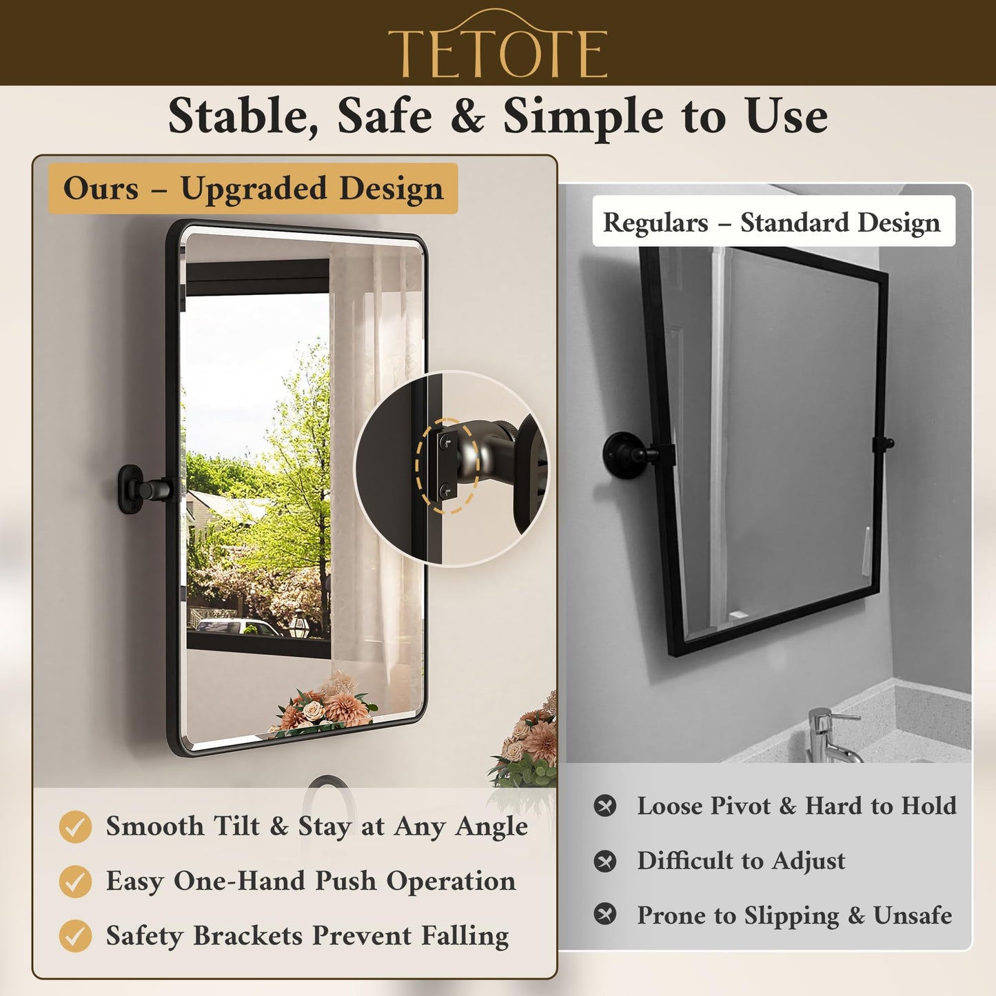 TETOTE Black Pivot Bathroom Mirror 48 x 30 Large Tilting Wall Beveled Mirror, Metal Framed Rectangle Vanity Mirror, Modern Farmhouse Adjustable Tilted Mirror, Horizontal/Vertical, Tempered Glass