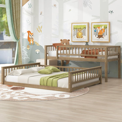 Merax Twin XL Over Queen Floor Bunk Bed with Ladder and Guardrails, Bedroom Wood Bunk Bed Frame for Kids/Teens/Youths/Adults, Space Saving & Noise Free, No Box Spring Needed, Walnut Brown