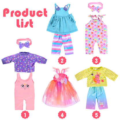 5-Pack Baby Doll Clothes for 15-18 Inch Dolls, Cute Fashion Doll Clothing Set with Matching Headbands, Fits 15" 16" 17" Reborn Baby Dolls, 18" Dolls, Baby Dolls, Gift for Girls (Doll Not Included)